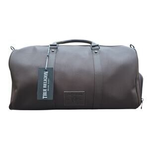 True Religion Embry Brown Faux Leather Duffel Gym CarryOn Travel Bag Shoe Pocket
